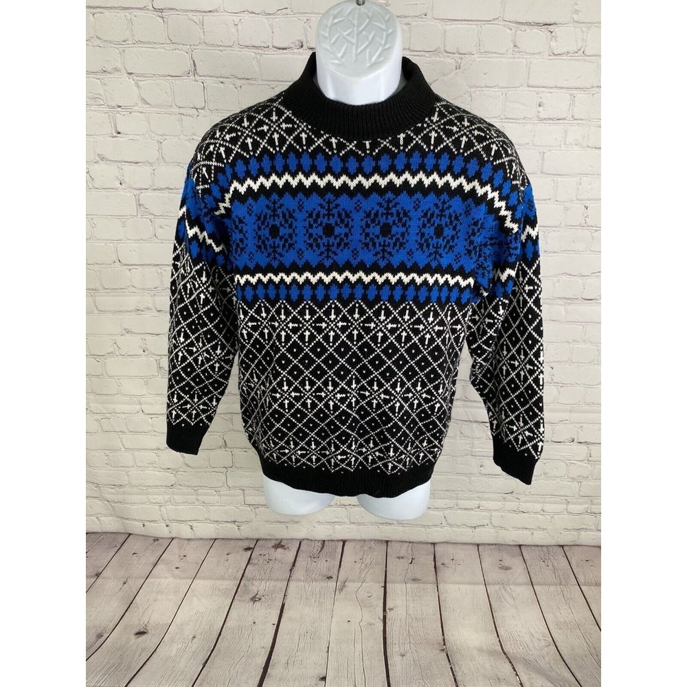 VTG American Pride Blue Black White Winter Pullover Knit Sweater Youth L